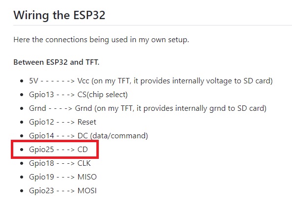 我需要帮助连接 ESP32 和 TFT ... Gpio25 ---> CD 疑问 ... #44